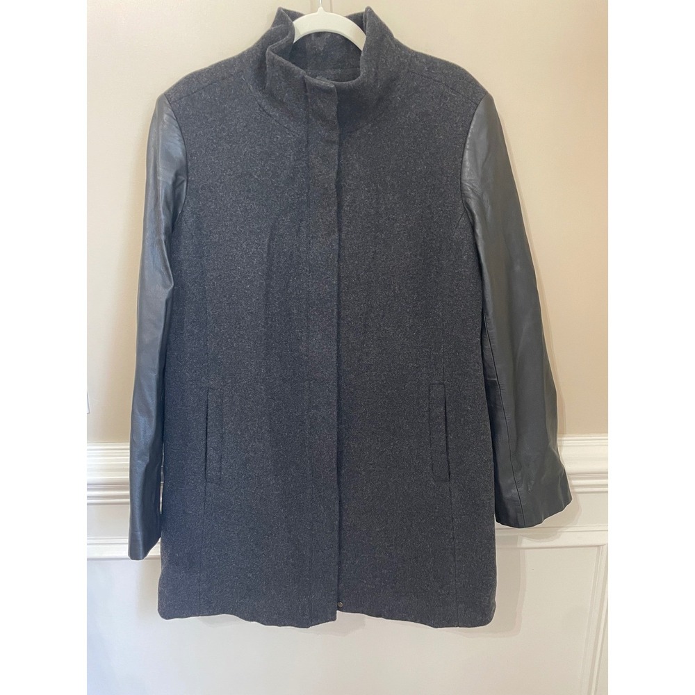 Eileen Fisher XL Wool Coat With Leather Sleeves Charcoal Gray Black Funnel Neck